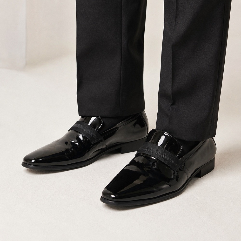 Calvin Klein Men's 10.5 Black Patent Tuxedo Loafers Formal Dress Shoes